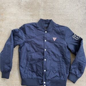 Guess Men M Varsity Satin Navy Blue Letterman Jacket Snap Buttons Spell Out